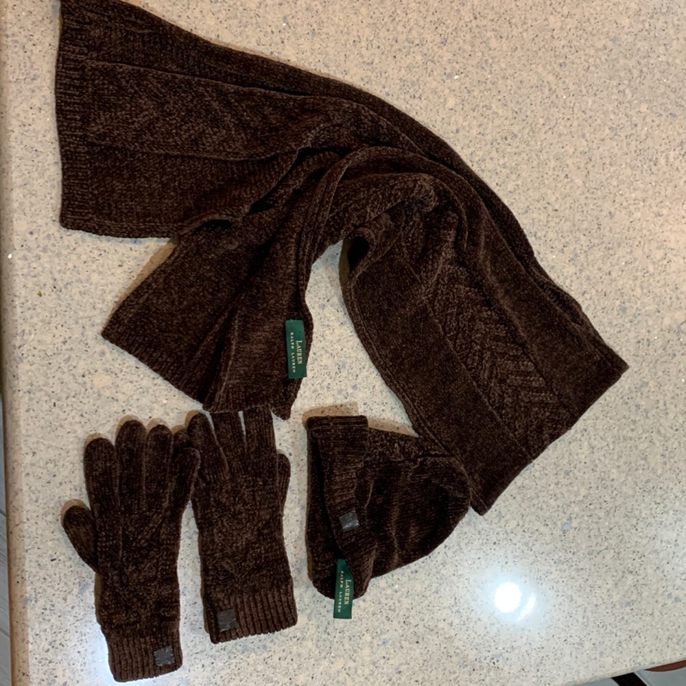 Womens Ralph Lauren scarf hat and glove set